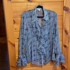 CAbi Blue Plaid Ruffle Blouse